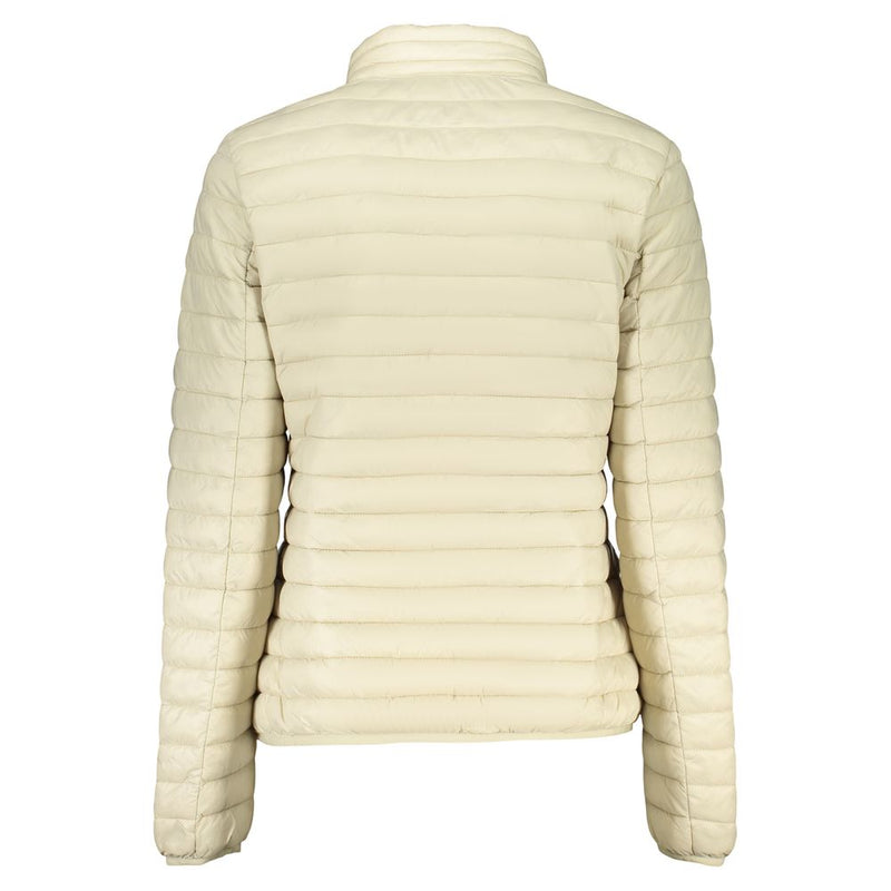 Back of a beige polyamide quilted puffer jacket for women with high collar