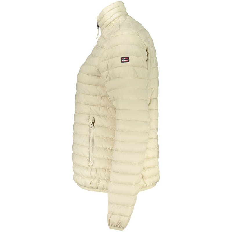 Side view of a beige polyamide quilted puffer jacket for women with a high collar and zipper pockets