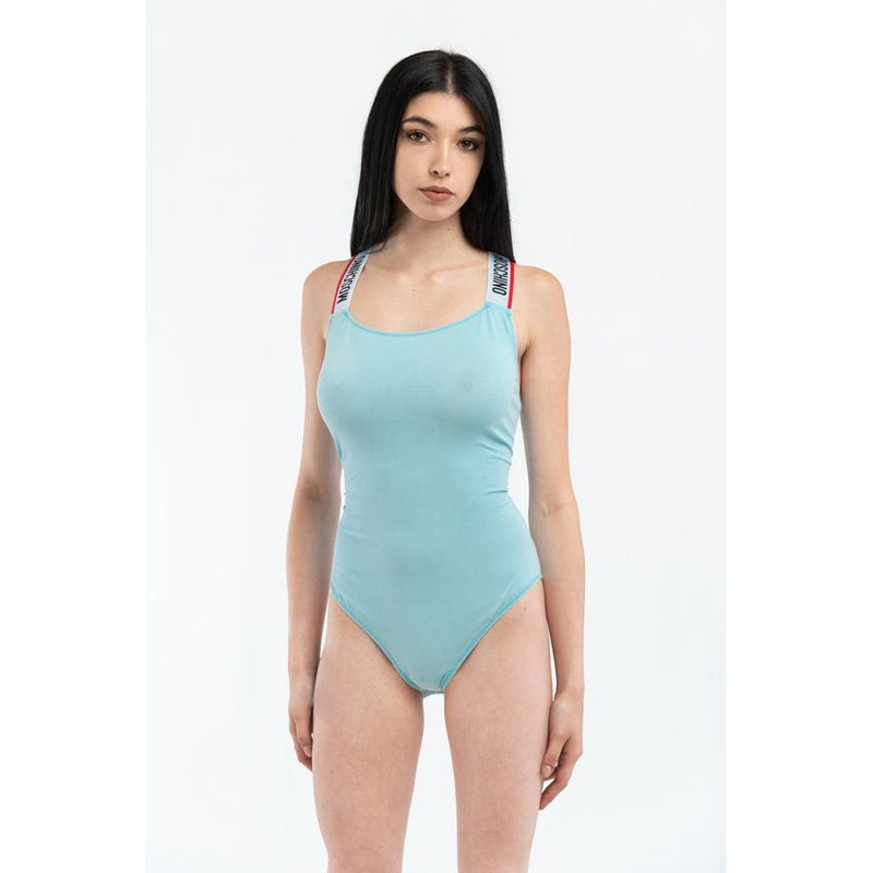 Light blue cotton bodysuit featuring a scoop neckline and branded straps with red trim