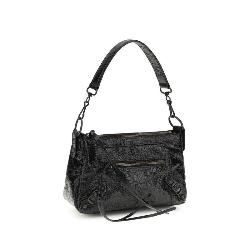 Balenciaga black crinkled leather shoulder bag with zipper and buckle details