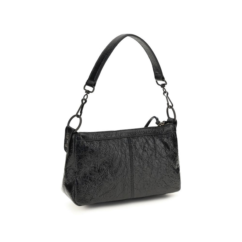 Black crinkled leather handbag with short strap and chain detail