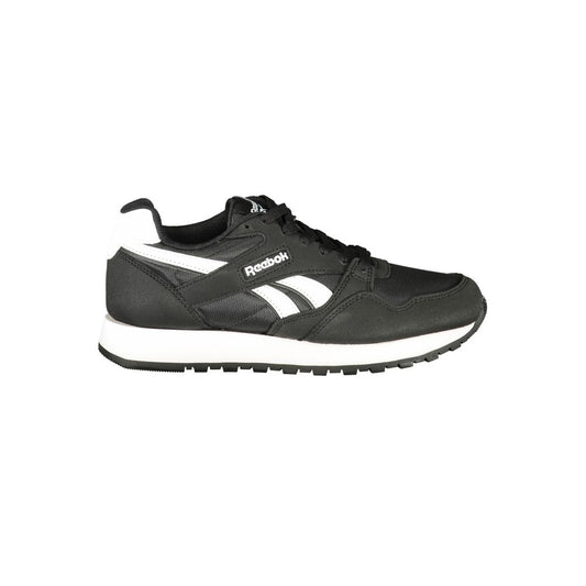 Women's black polyester Reebok sneaker with white logo detailing and a white midsole, in a classic low-top style.