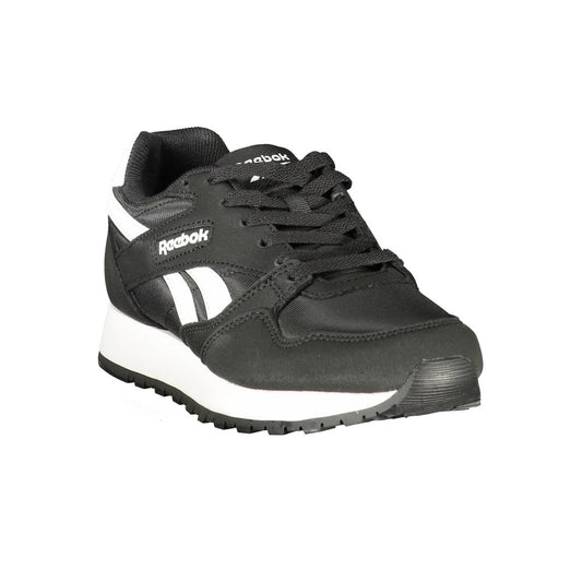 Women's black polyester Reebok sneaker with white logo and chunky white midsole.