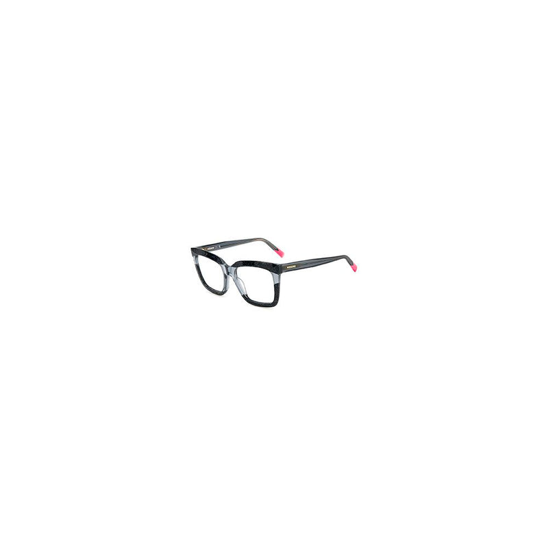 Missoni multicolor acetate eyeglass frames featuring a geometric shape and pink tips on the temples