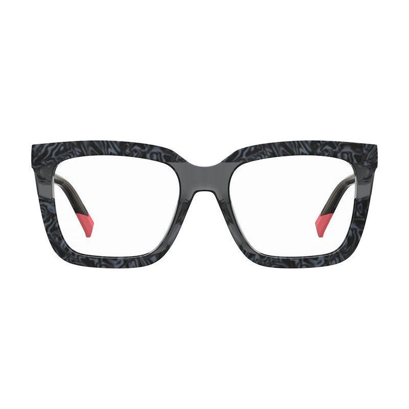Missoni black and gray acetate eyeglass frames with thick, square-shaped patterned rims and pink tips