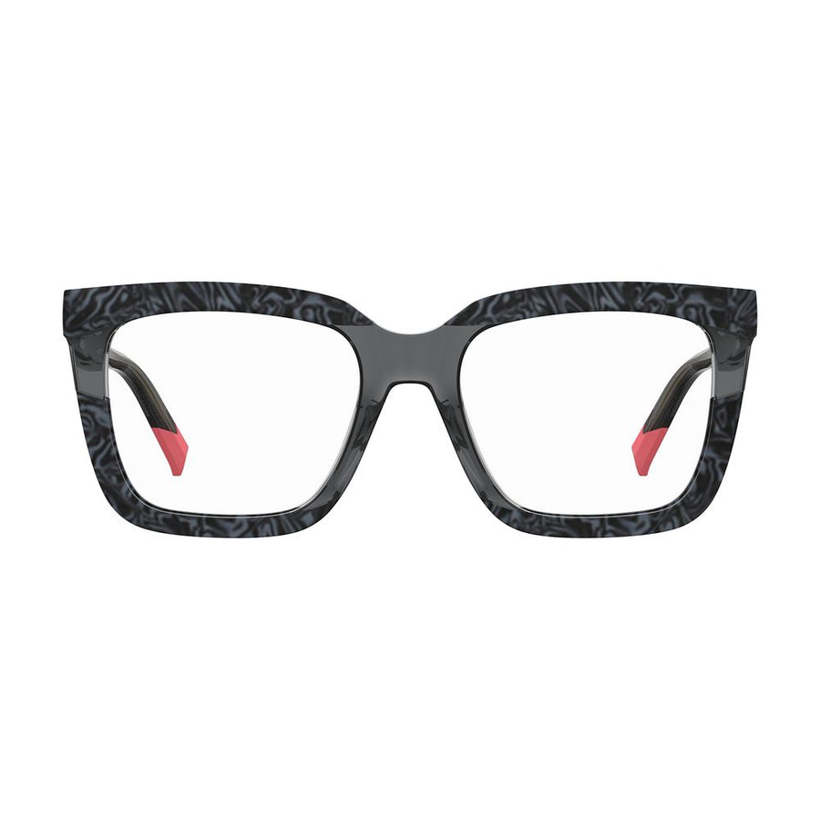 Missoni multicolor acetate eyeglass frames featuring a geometric shape and pink tips on the temples
