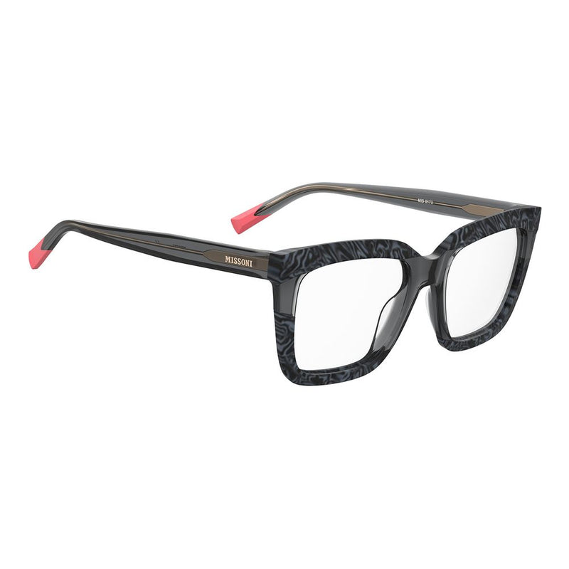 Missoni square acetate eyeglass frames in black and grey swirled pattern with pink temple tips
