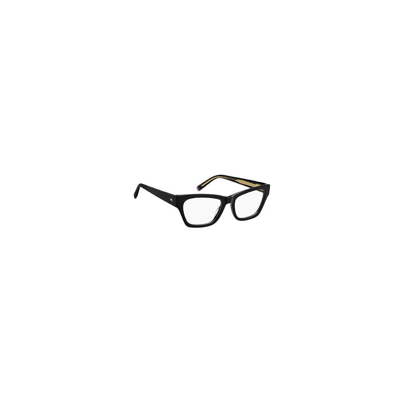 Tommy Hilfiger black acetate eyeglass frames with a thick, rounded rectangular style