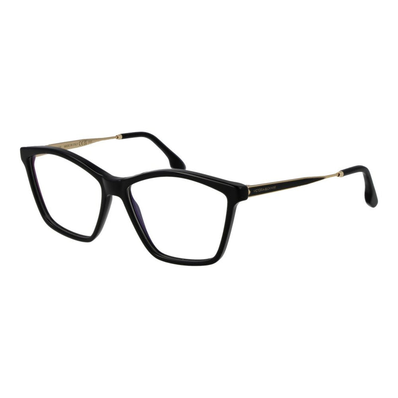 Black and gold metal eyeglasses with thick geometric frames and slim temples