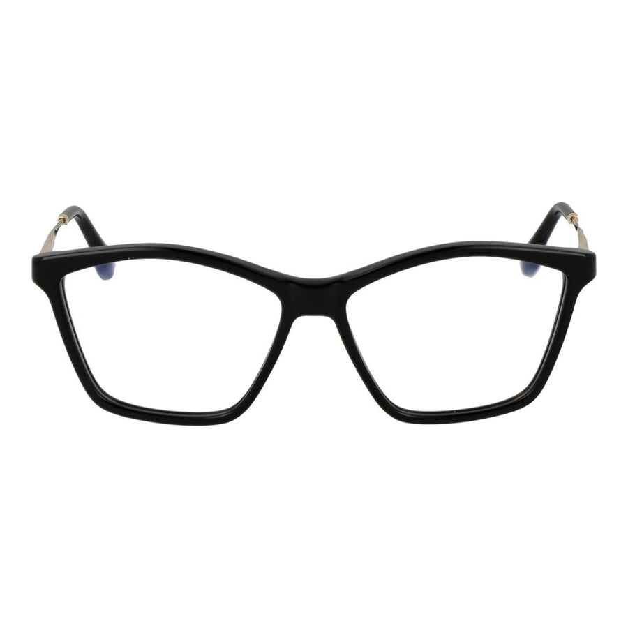 Black and gold metal eyeglasses with thick geometric frames and slim temples