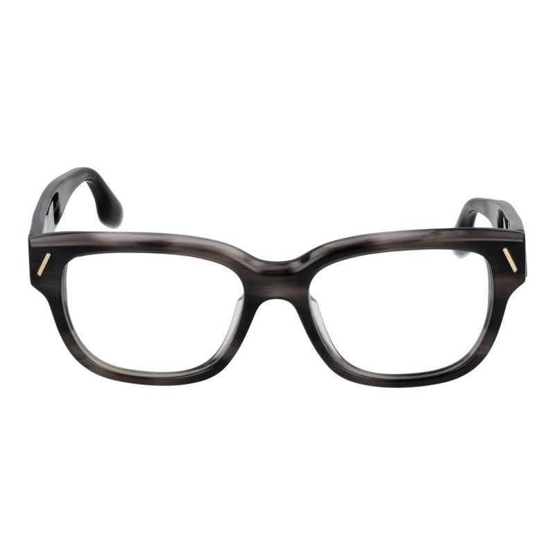 Gray acetate eyeglasses with thick rectangular frames and gold corner details