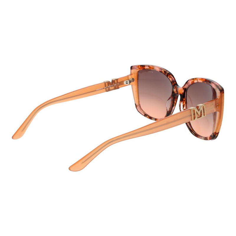 Brown tortoiseshell plastic sunglasses with gradient lenses and gold temple logos