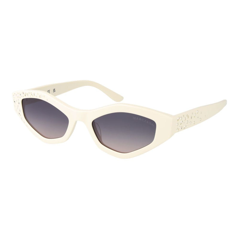 White plastic cat-eye sunglasses with gradient lenses and rhinestone-embellished frames