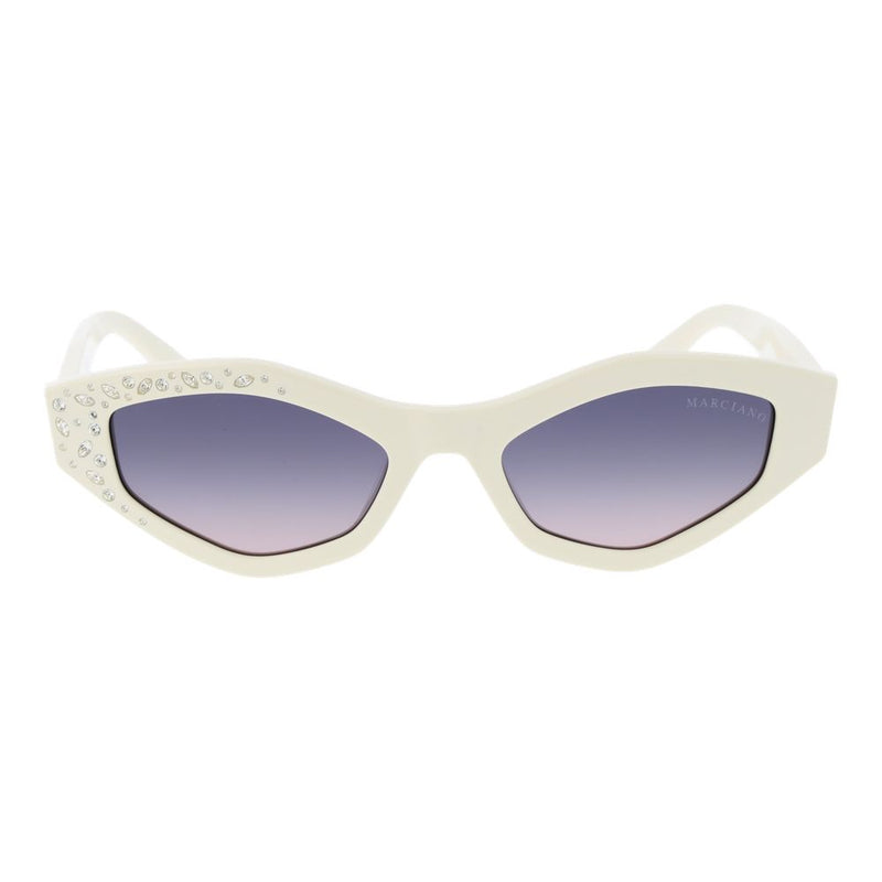 White plastic cat-eye sunglasses with gradient purple lenses and rhinestone embellishments on the temples