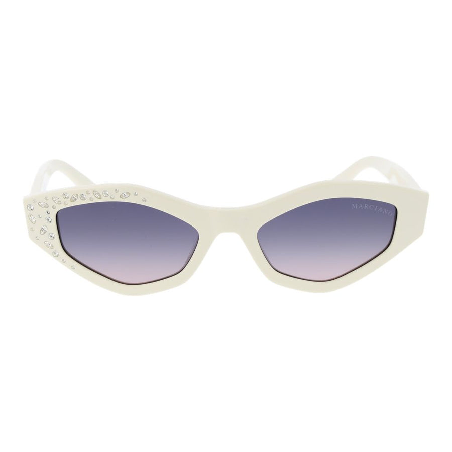 White plastic cat-eye sunglasses with gradient lenses and rhinestone-embellished frames