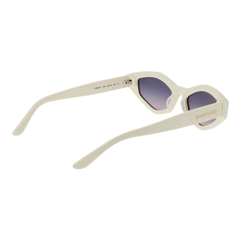 White plastic cat-eye sunglasses with gradient lenses viewed from the back