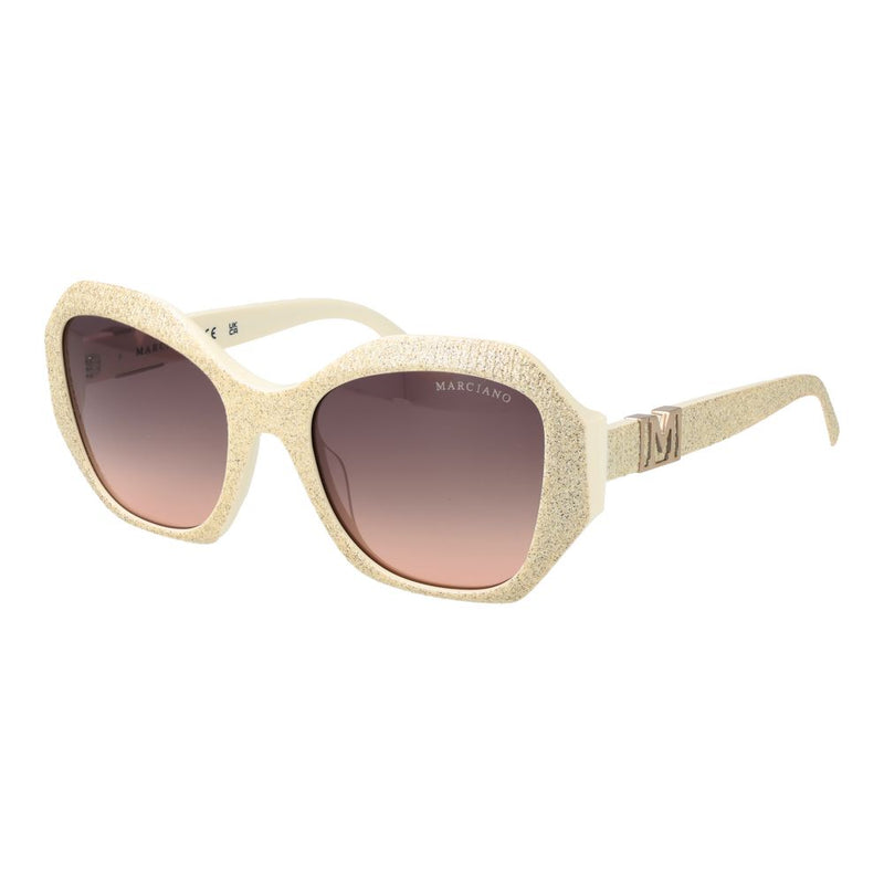 Beige plastic oversized sunglasses with gold glitter finish and gradient lenses