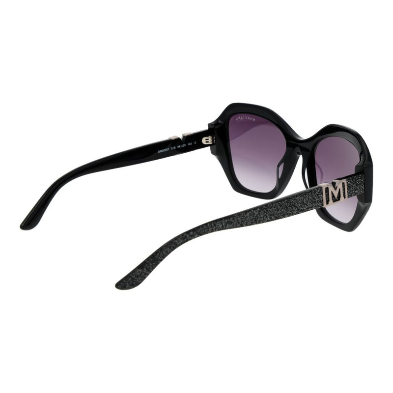 Black plastic sunglasses with gradient lenses and glitter temples featuring a metal M logo