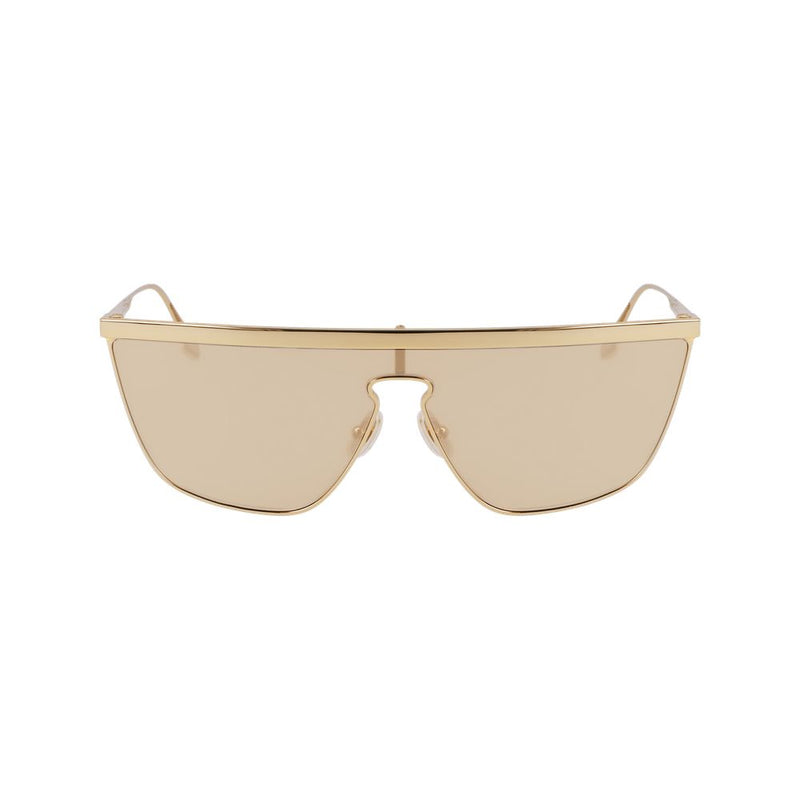 Gold metal sunglasses with a flat top brow bar and tinted amber shield lenses