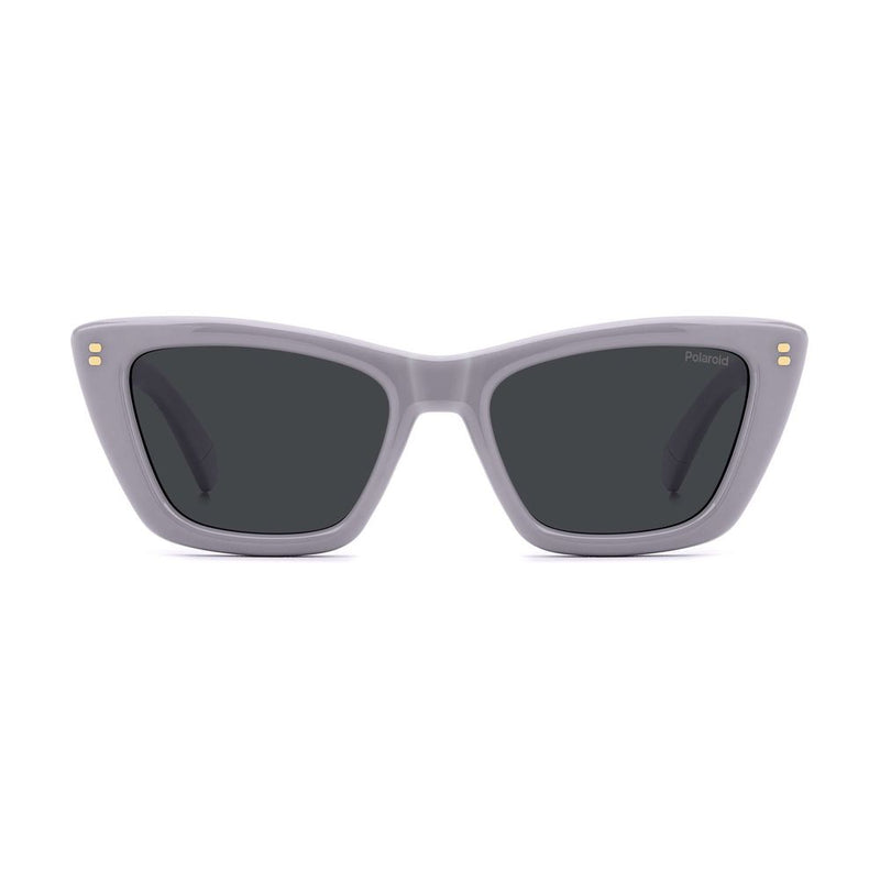 Purple polycarbonate cat-eye sunglasses with dark grey lenses and subtle gold corner rivets