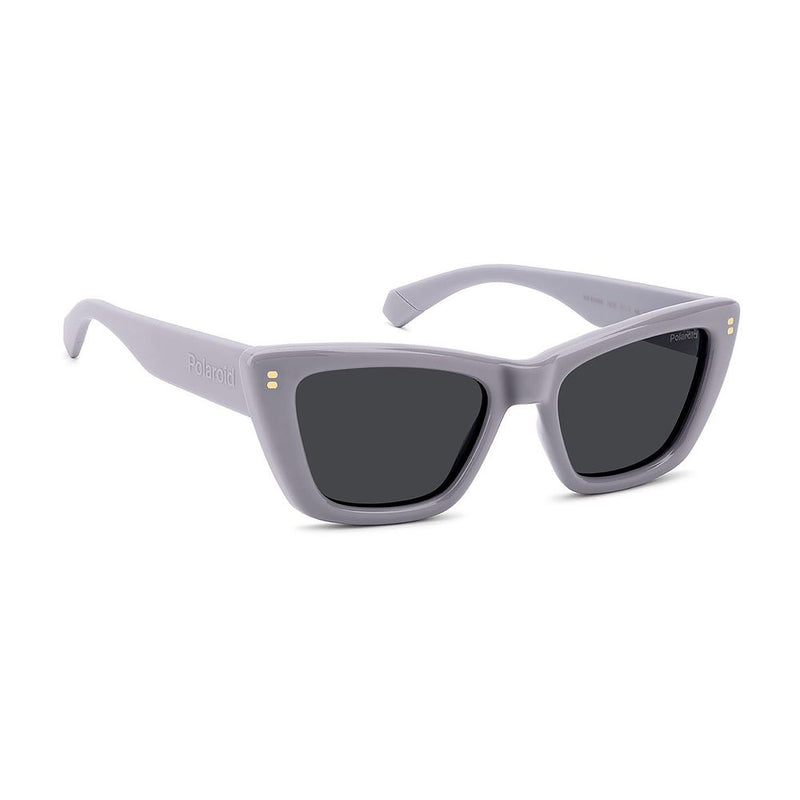 Light purple polycarbonate cat-eye sunglasses with dark gray lenses
