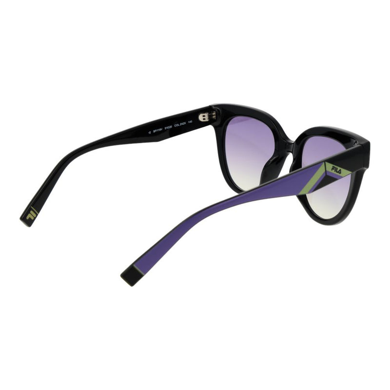 Fila black plastic sunglasses with purple gradient lenses and purple temples with green accents