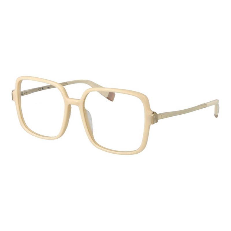 Beige square acetate eyeglass frames with thick rims