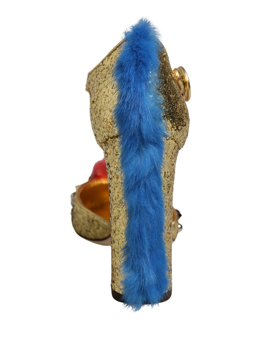 Dolce & Gabbana gold glitter T-strap sandal with a prominent blue fur trim down the back of the heel.