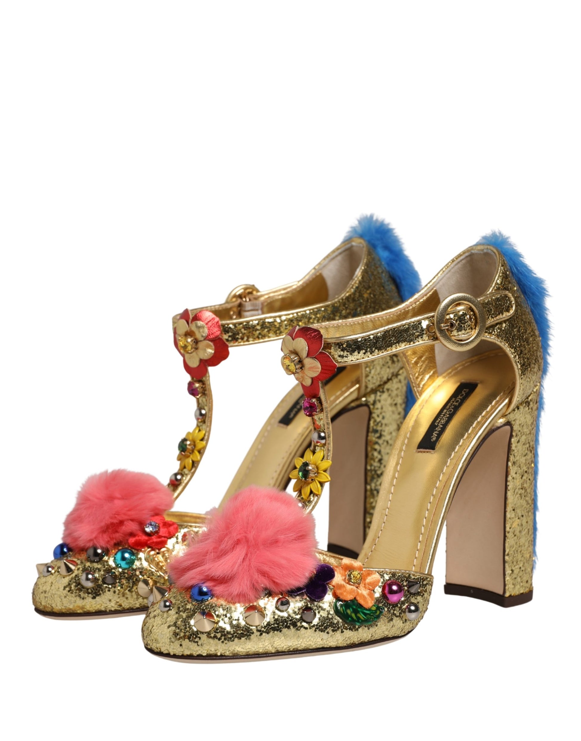 Dolce & Gabbana gold glitter T-strap heels with floral embellishments, pink pom-poms, and blue fur heel trim.