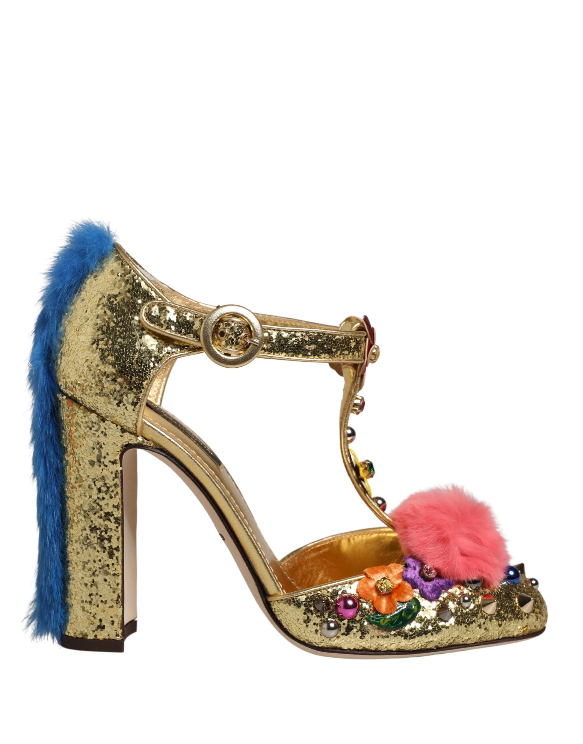 Gold glitter T-strap heel with blue fur on the heel, pink pom-pom, floral appliqués, and metallic accents.