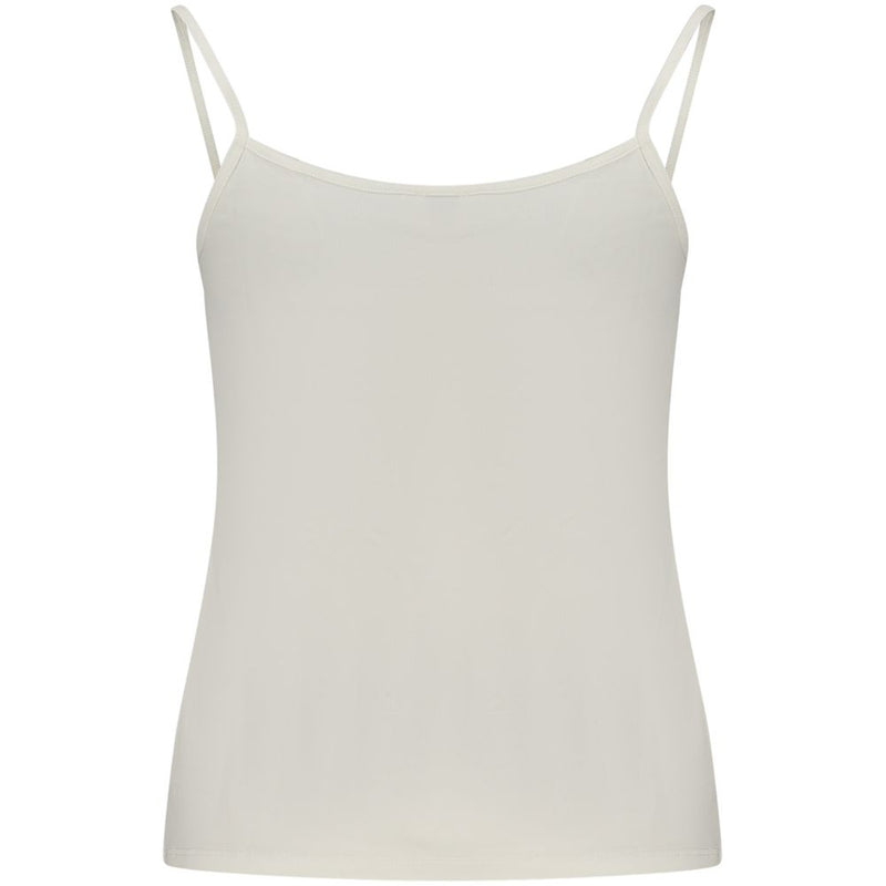 White cotton camisole tank top with thin spaghetti straps and a scoop neckline