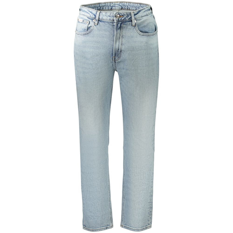 Light blue cotton denim women's jeans with a straight-leg style
