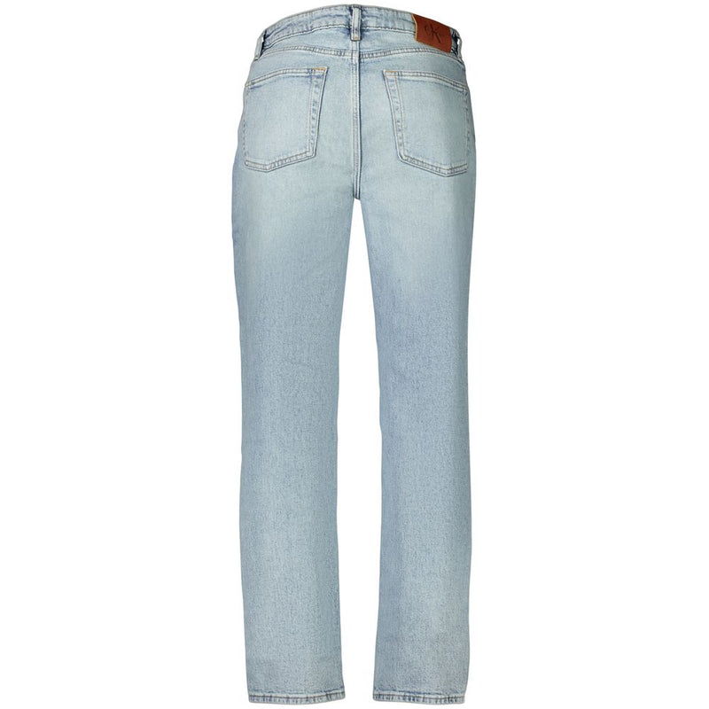 Light blue cotton denim women's jeans seen from the back with two back pockets and a brown waistband patch