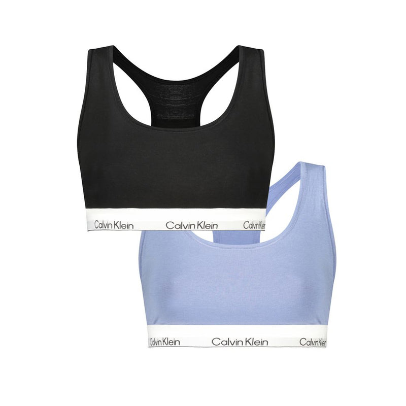 Two Calvin Klein cotton bralettes in black and blue with racerback style and logo bands