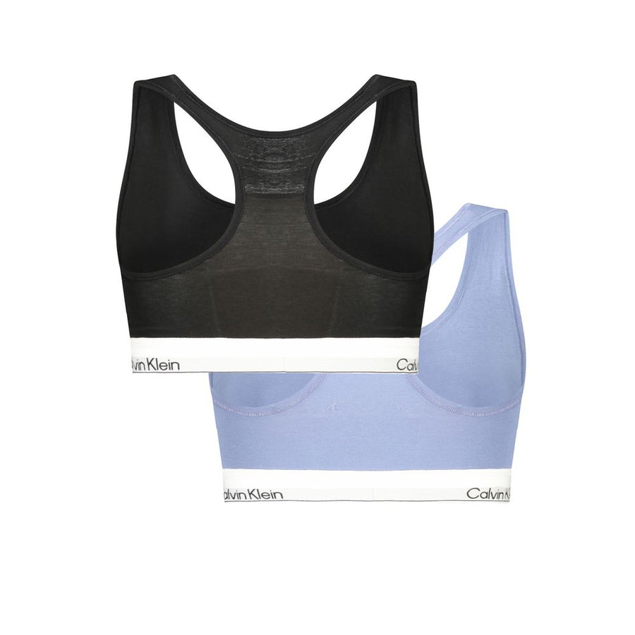 Two Calvin Klein cotton bralettes in black and blue with racerback style and logo bands