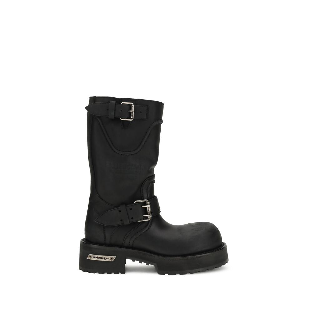 Black calf leather Balenciaga biker-style boots with silver buckles and a chunky lug sole.