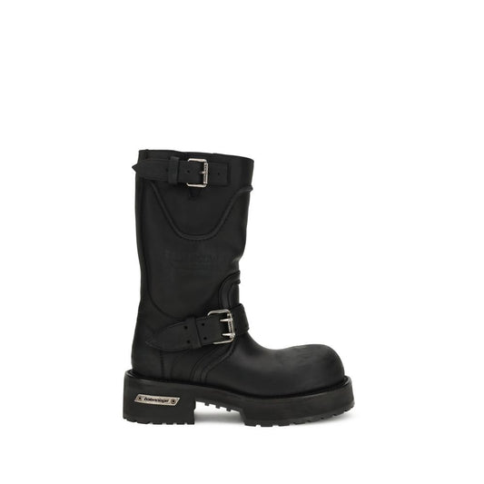 Black calf leather Balenciaga biker-style boots with silver buckles and a chunky lug sole.
