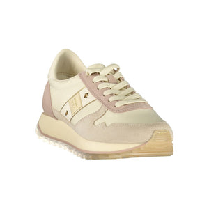 Blauer women's beige and dusty pink leather and suede sneaker with a thick sole and lace-up closure.