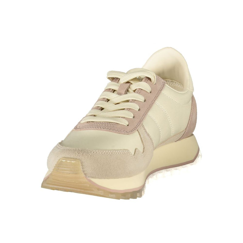 Beige and pink leather women’s casual sneaker with a thick rubber sole and lace-up design.
