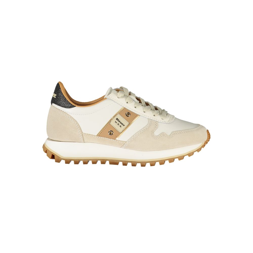 Blauer Bianco women’s sneaker in white and beige polyurethane/suede with metallic accents and a lugged brown sole.