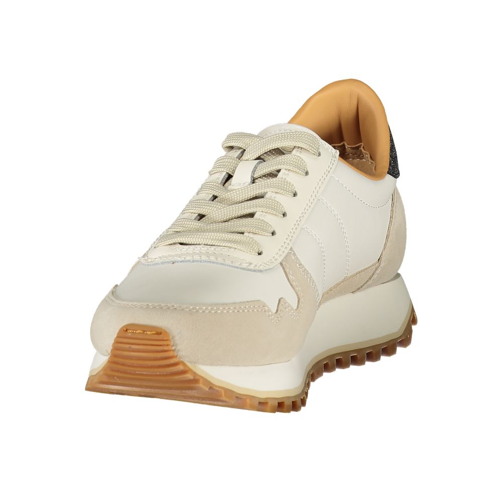 Blauer Bianco women's sneakers: white polyurethane and suede, tan leather lining, and a rugged gum rubber lug sole.