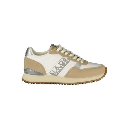 Napapijri women’s polyester and suede sneakers in white, beige, and silver with a logo side design.