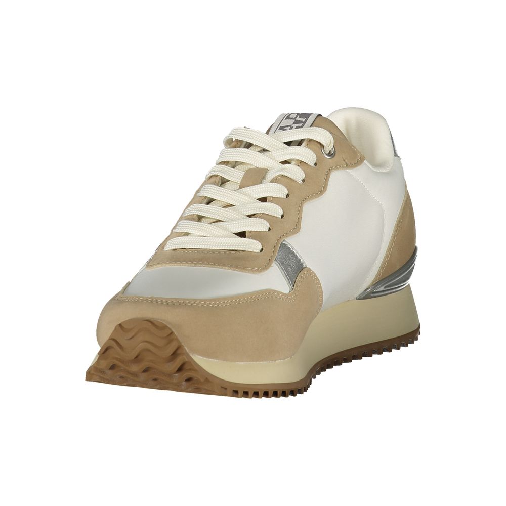 Napapijri women’s white and beige polyester sneakers with a sporty, layered lace-up design and gum rubber sole.
