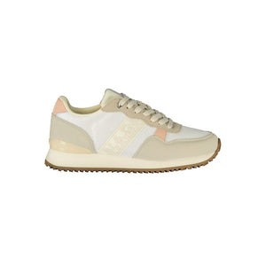 Napapijri women's sneaker in white and beige polyester mesh and suede, featuring a chunky brown rubber outsole.