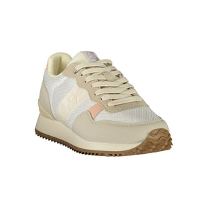 Napapijri women's sneaker in off-white polyester mesh and beige synthetic trim with a serrated brown rubber sole.