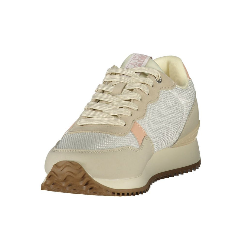 Napapijri women's sneaker in off-white polyester and suede with a thick, textured brown rubber sole.