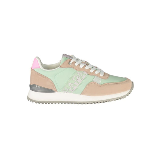 Napapijri women’s polyester and suede sneaker in mint green and beige with pink heel and white sole.