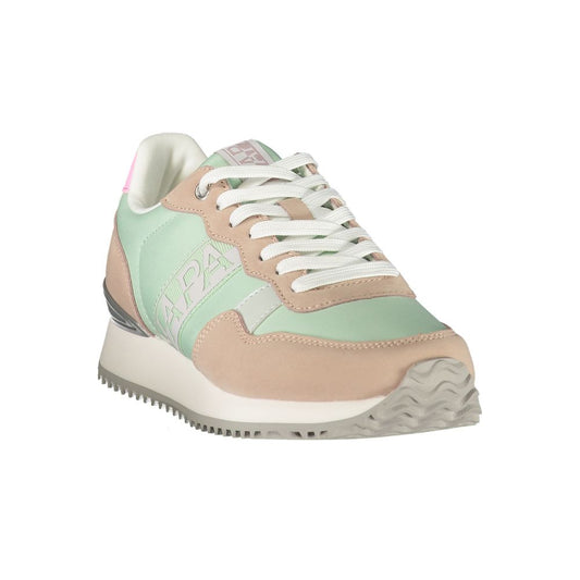 Napapijri women's sneaker in pastel green and beige polyester with a lace-up design and white sole.