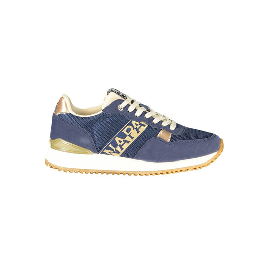 Napapijri blue and gold polyester women's sneaker with lace-up closure and a textured white and gum rubber sole.