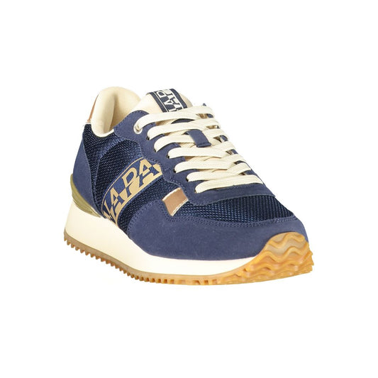 Napapijri blue and cream polyester women's sneaker with lace-up style and serrated gum sole.